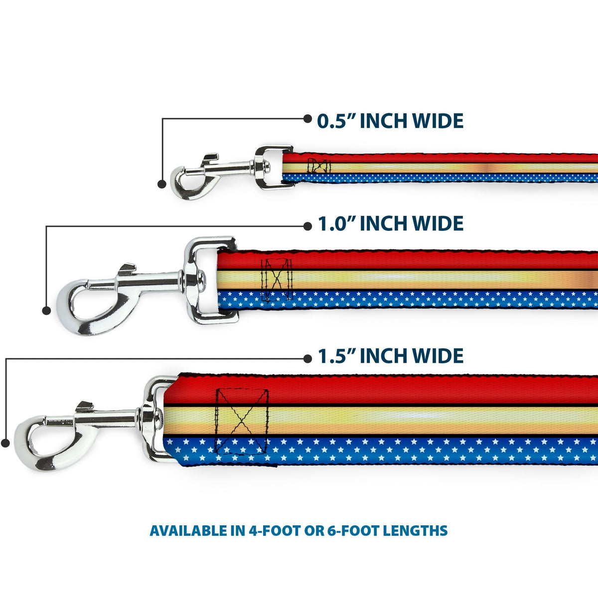Dog Leash - Wonder Woman Stripe/Stars Red/Gold/Blue/White 