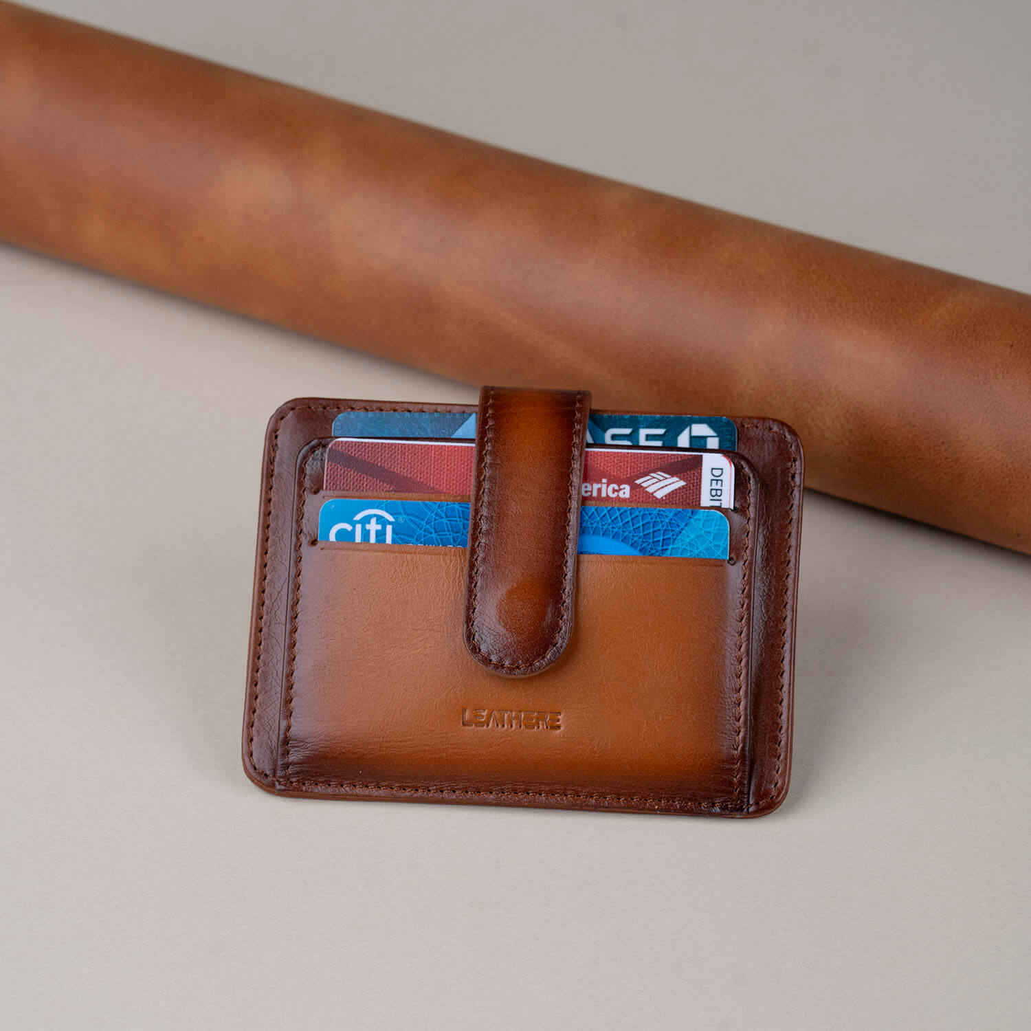 Leather Card Holder Wallet with ID Window Rich Brown Miami