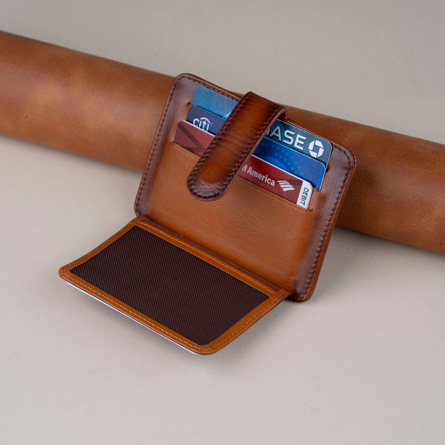 Leather Card Holder Wallet with ID Window Rich Brown Miami