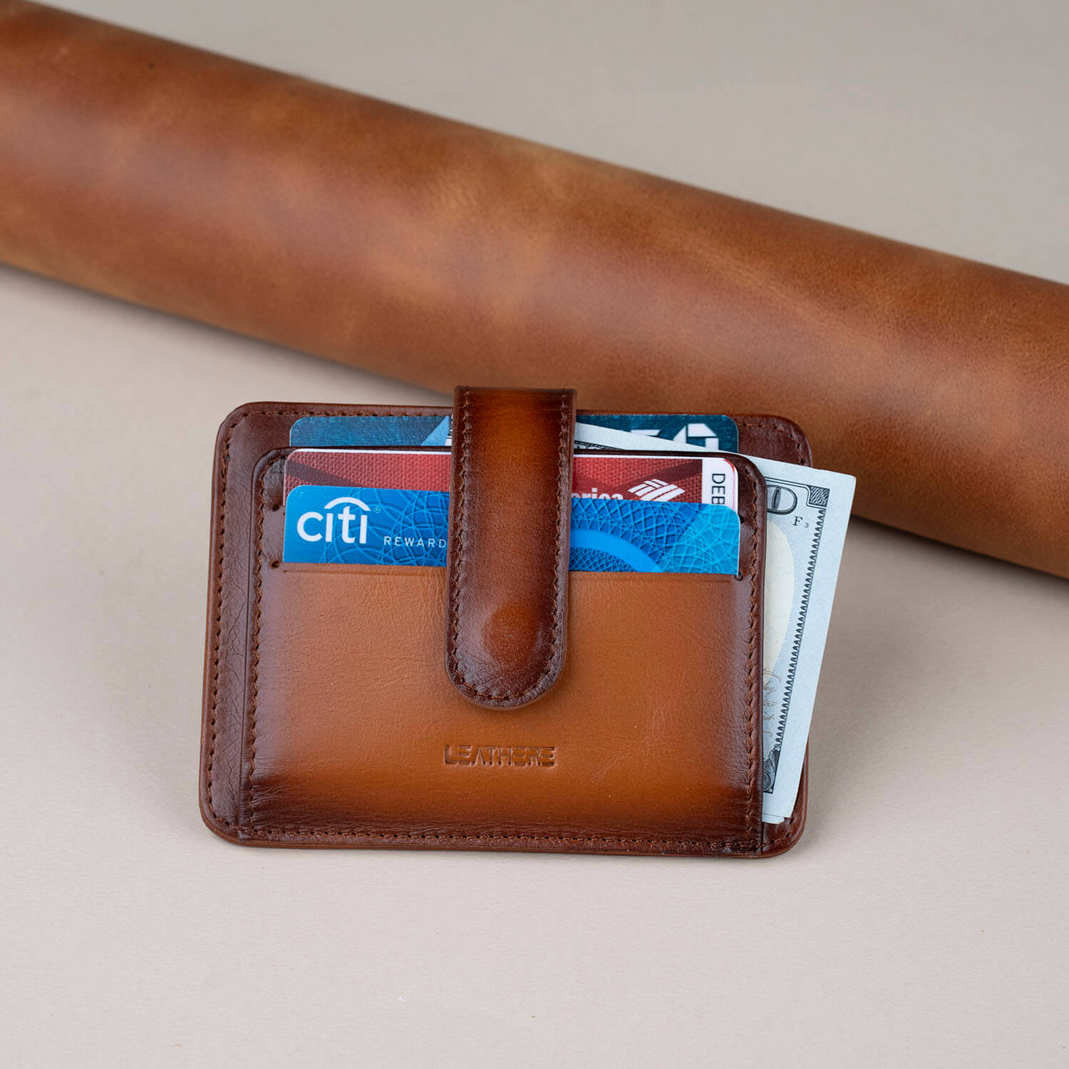 Leather Card Holder Wallet with ID Window Rich Brown Miami