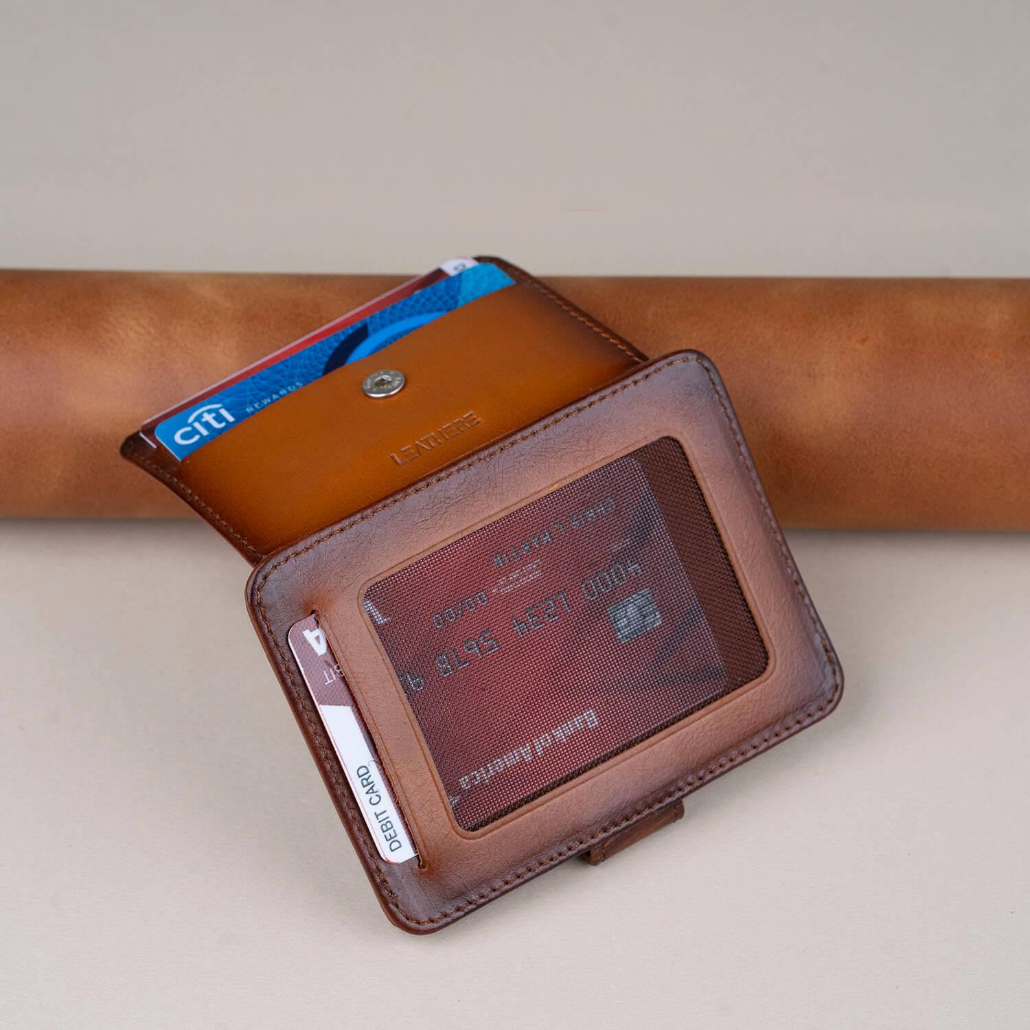 Leather Card Holder Wallet with ID Window Rich Brown Miami