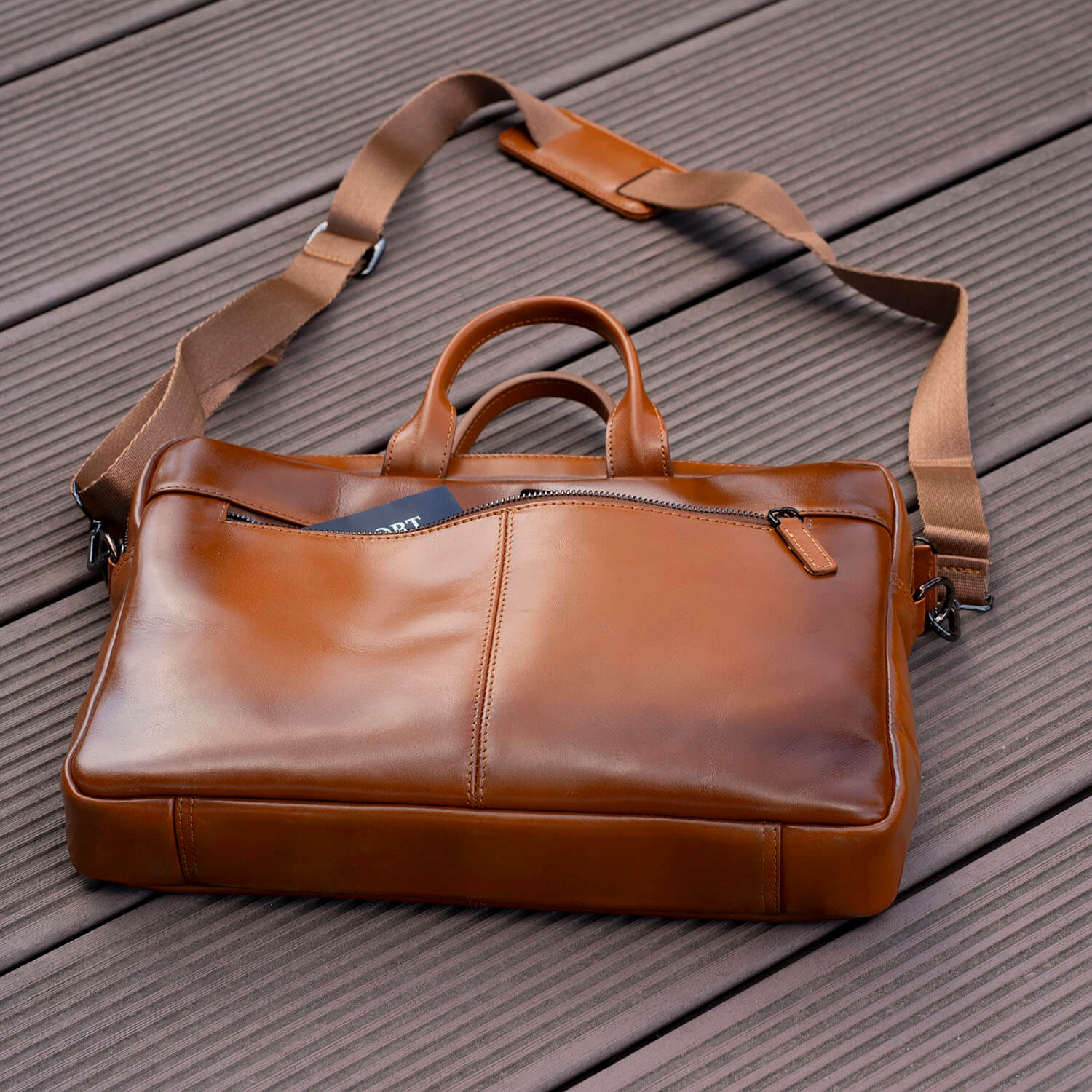 Classic Leather Laptop Bag Camel Brown Hollywood