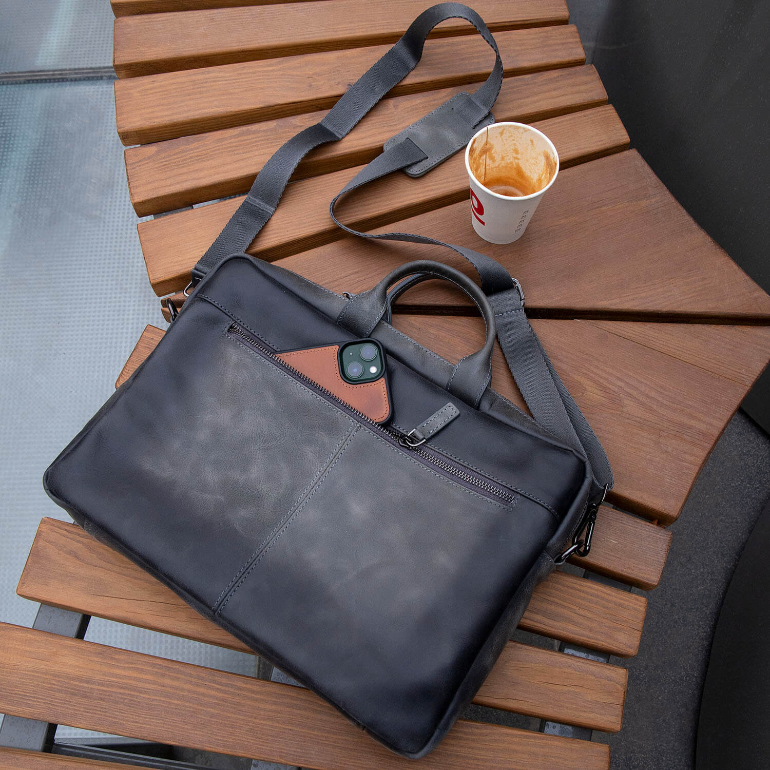 Classic Leather Laptop Bag Grey Hollywood