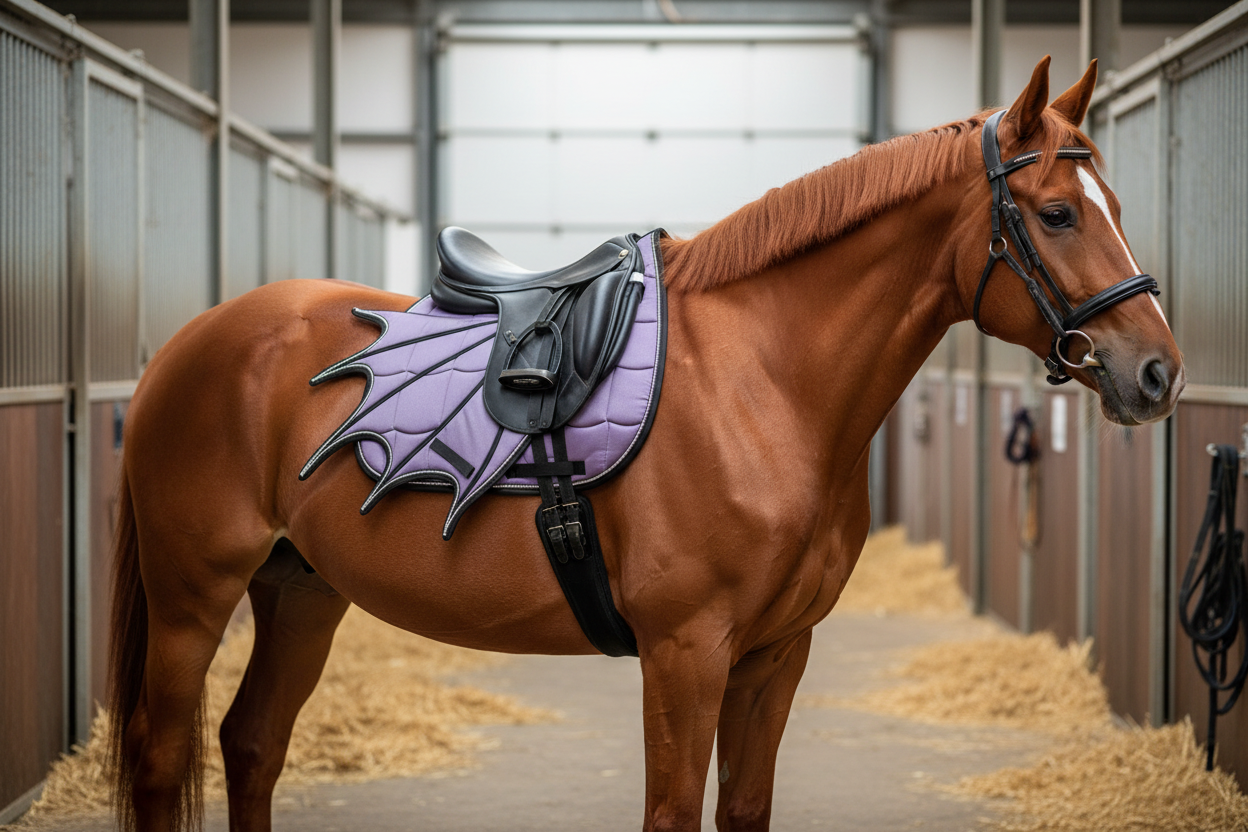 Dragon Wing Saddle Pad Set, Ear Bonnet and Horse Boot.