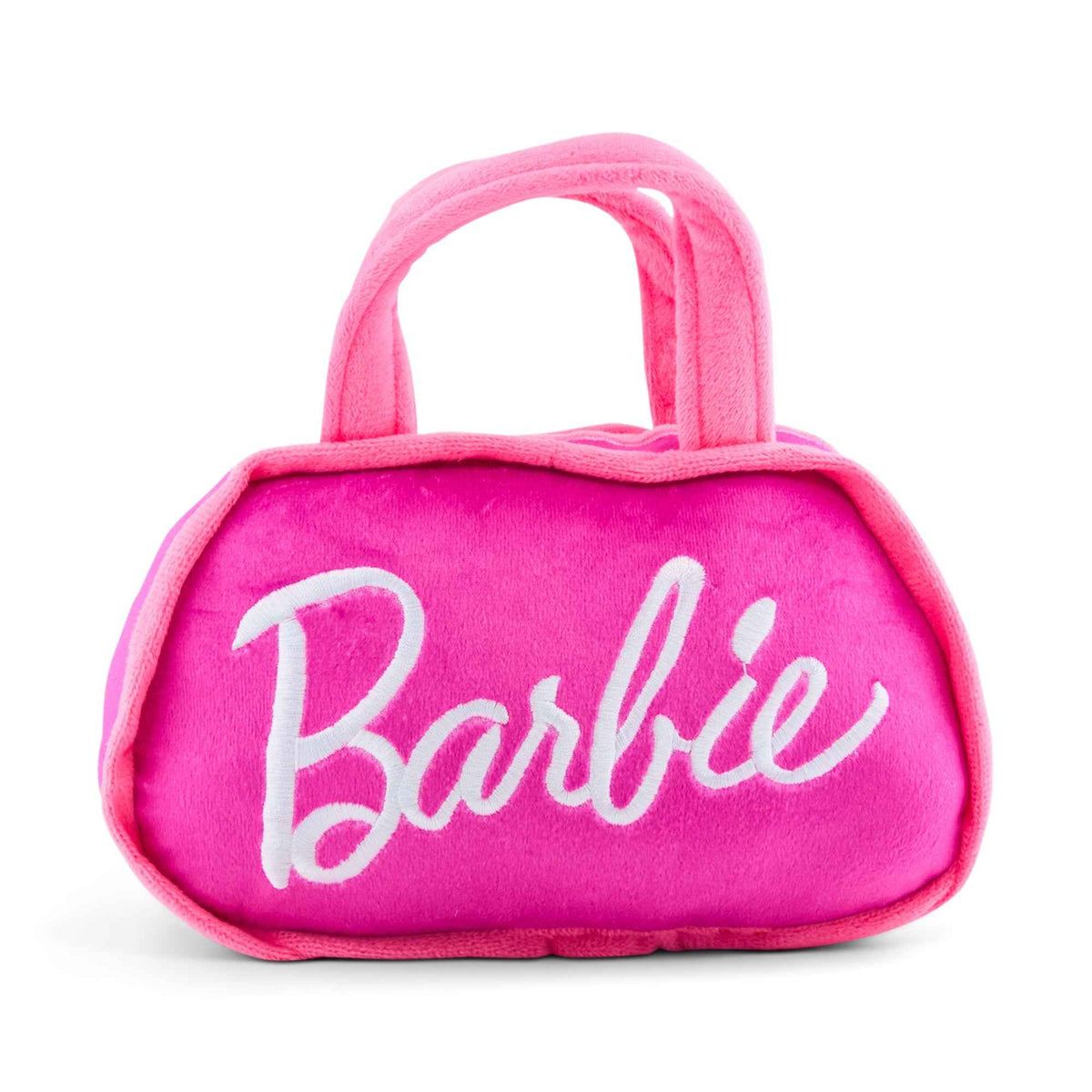 Dog Toy Squeaker Plush - Barbie Silhouette and Autograph Script Handbag Replica Pink/White