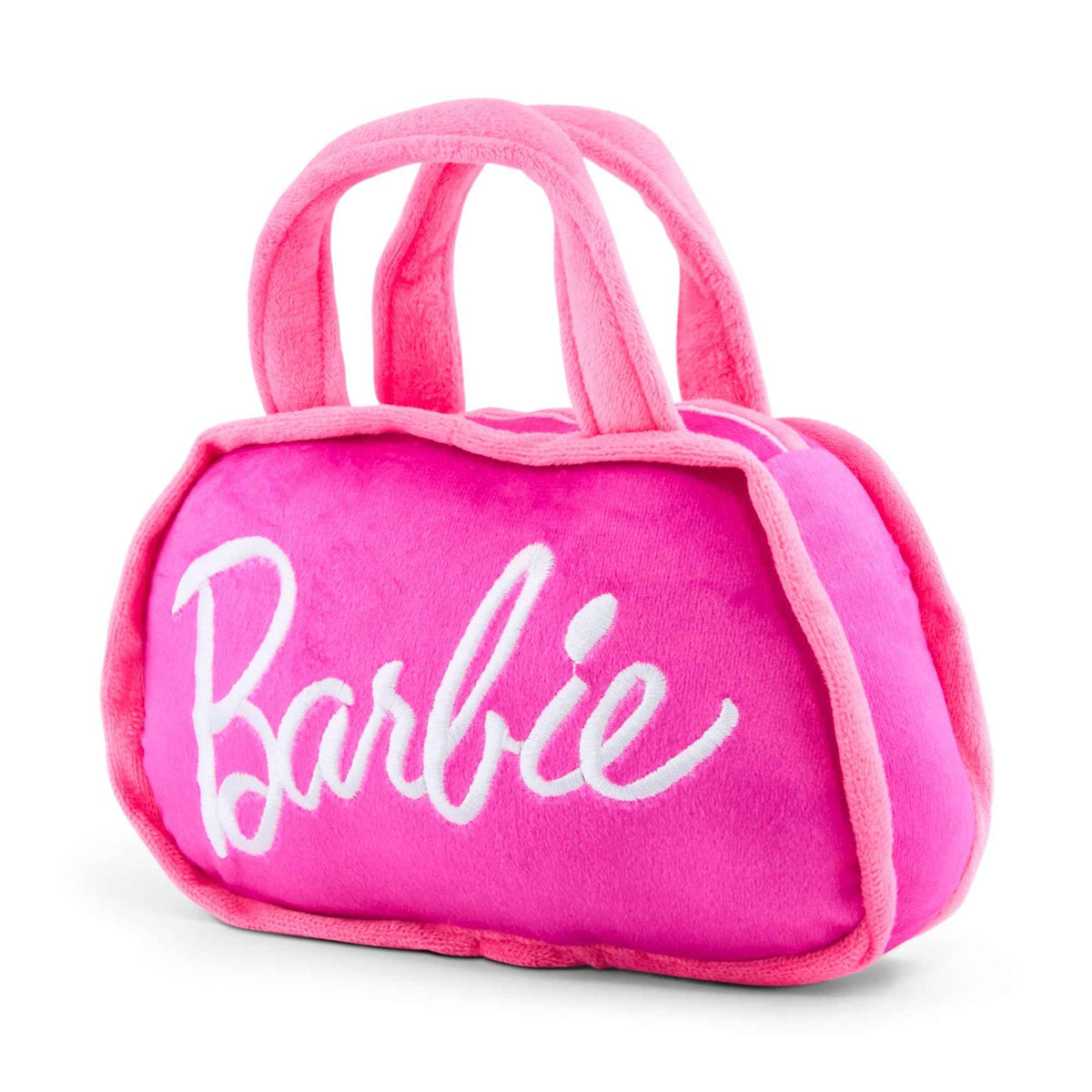 Dog Toy Squeaker Plush - Barbie Silhouette and Autograph Script Handbag Replica Pink/White