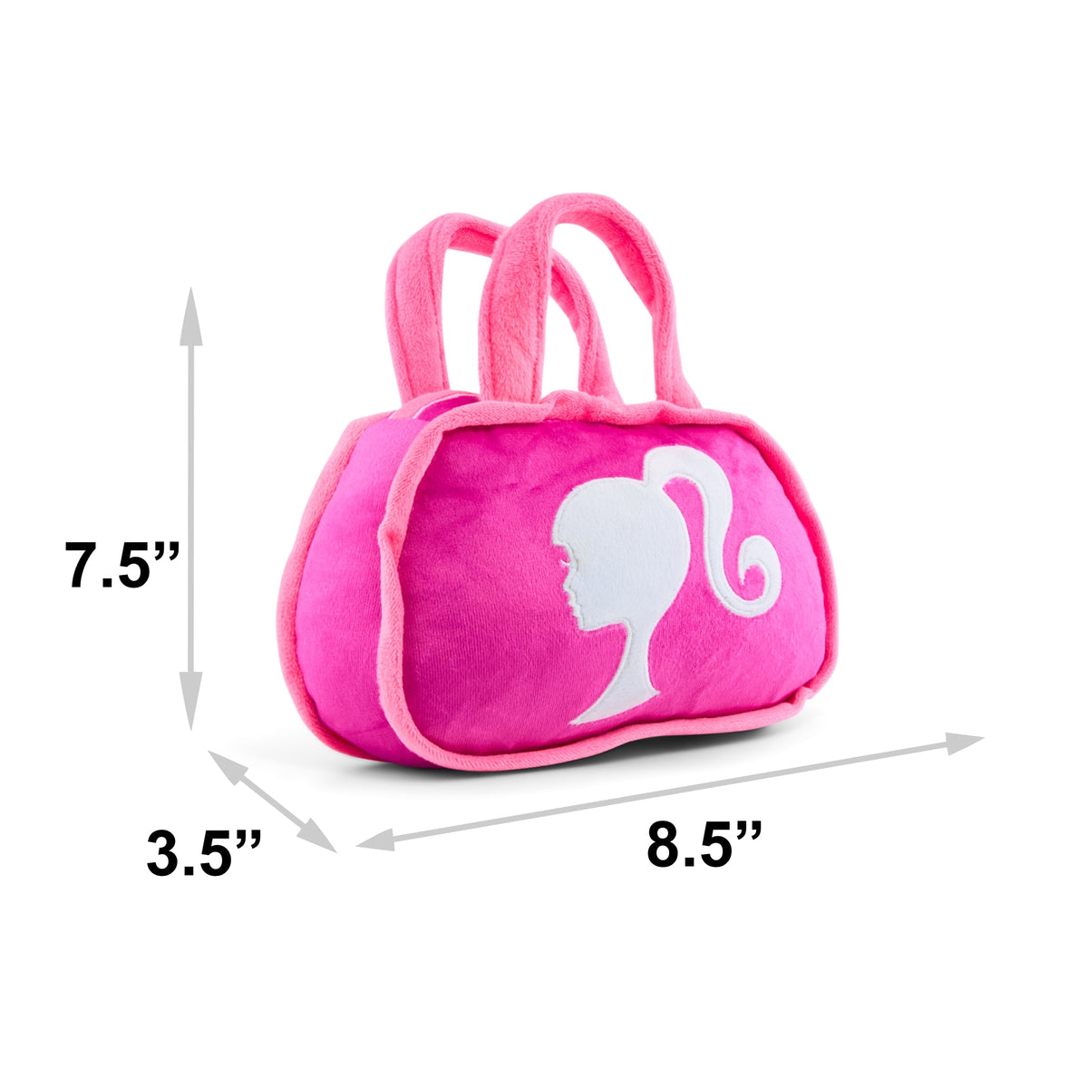 Dog Toy Squeaker Plush - Barbie Silhouette and Autograph Script Handbag Replica Pink/White | HT Animal Supply