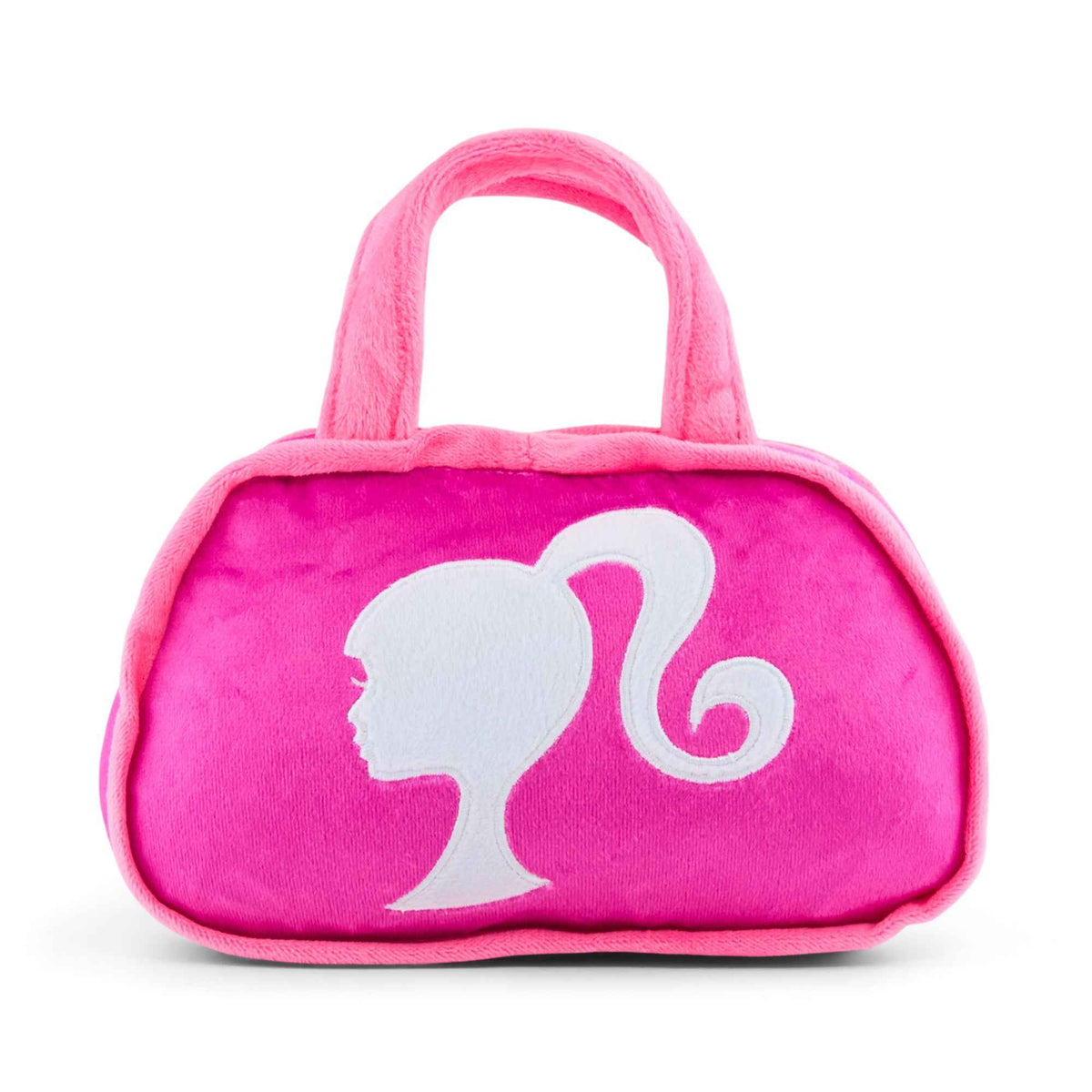 Dog Toy Squeaker Plush - Barbie Silhouette and Autograph Script Handbag Replica Pink/White
