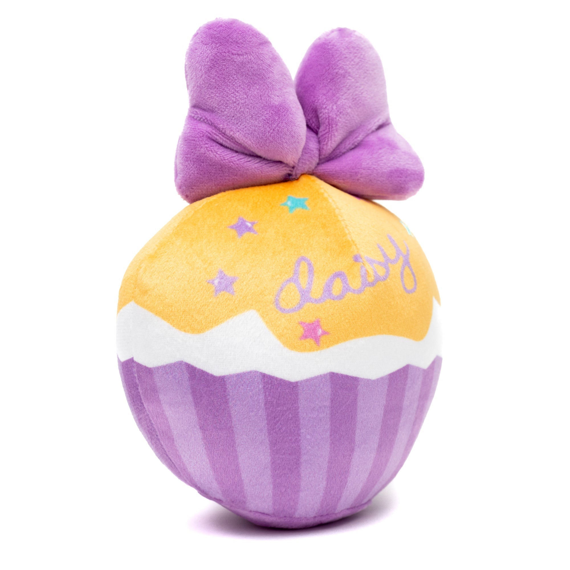 Dog Toy Squeaker Plush - Daisy Duck Script Cupcake with Pink Bow 