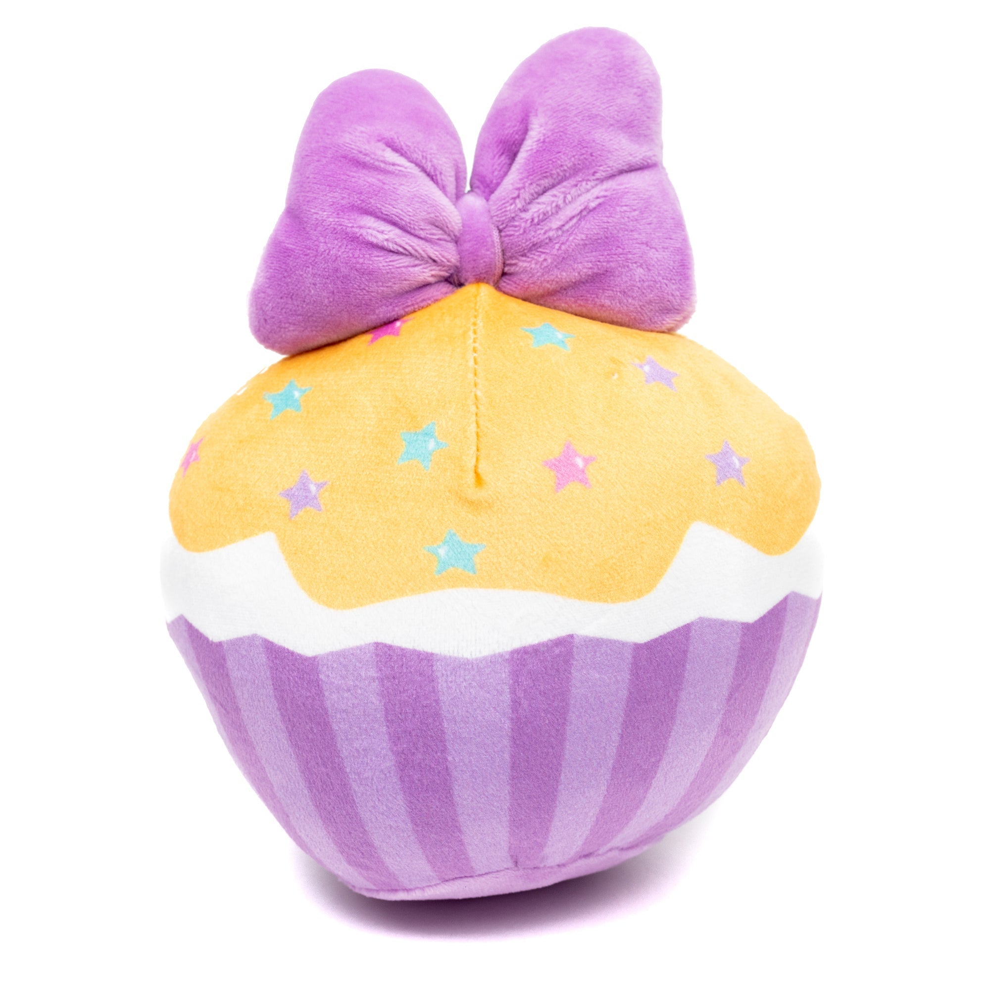 Dog Toy Squeaker Plush - Daisy Duck Script Cupcake with Pink Bow 
