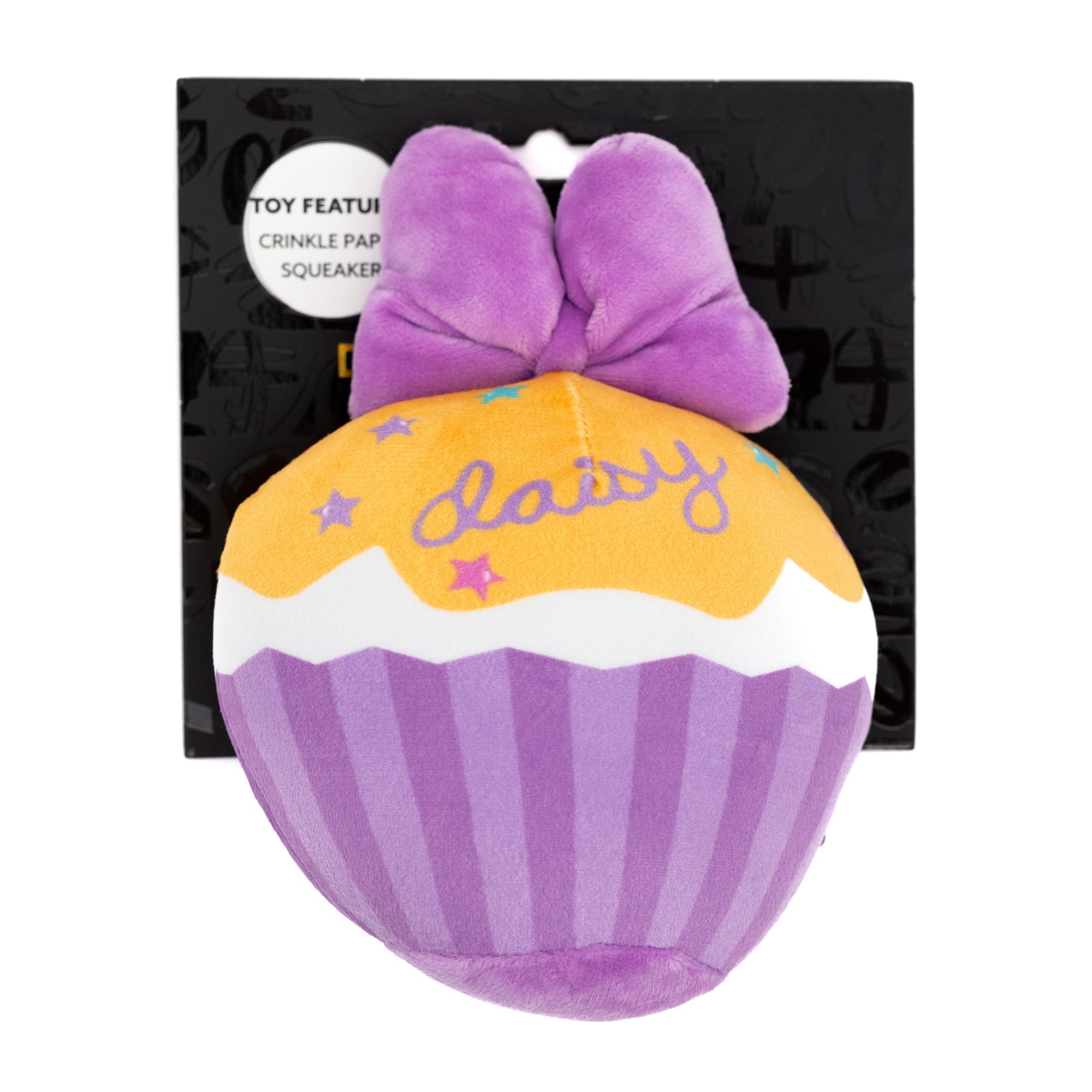 Dog Toy Squeaker Plush - Daisy Duck Script Cupcake with Pink Bow 