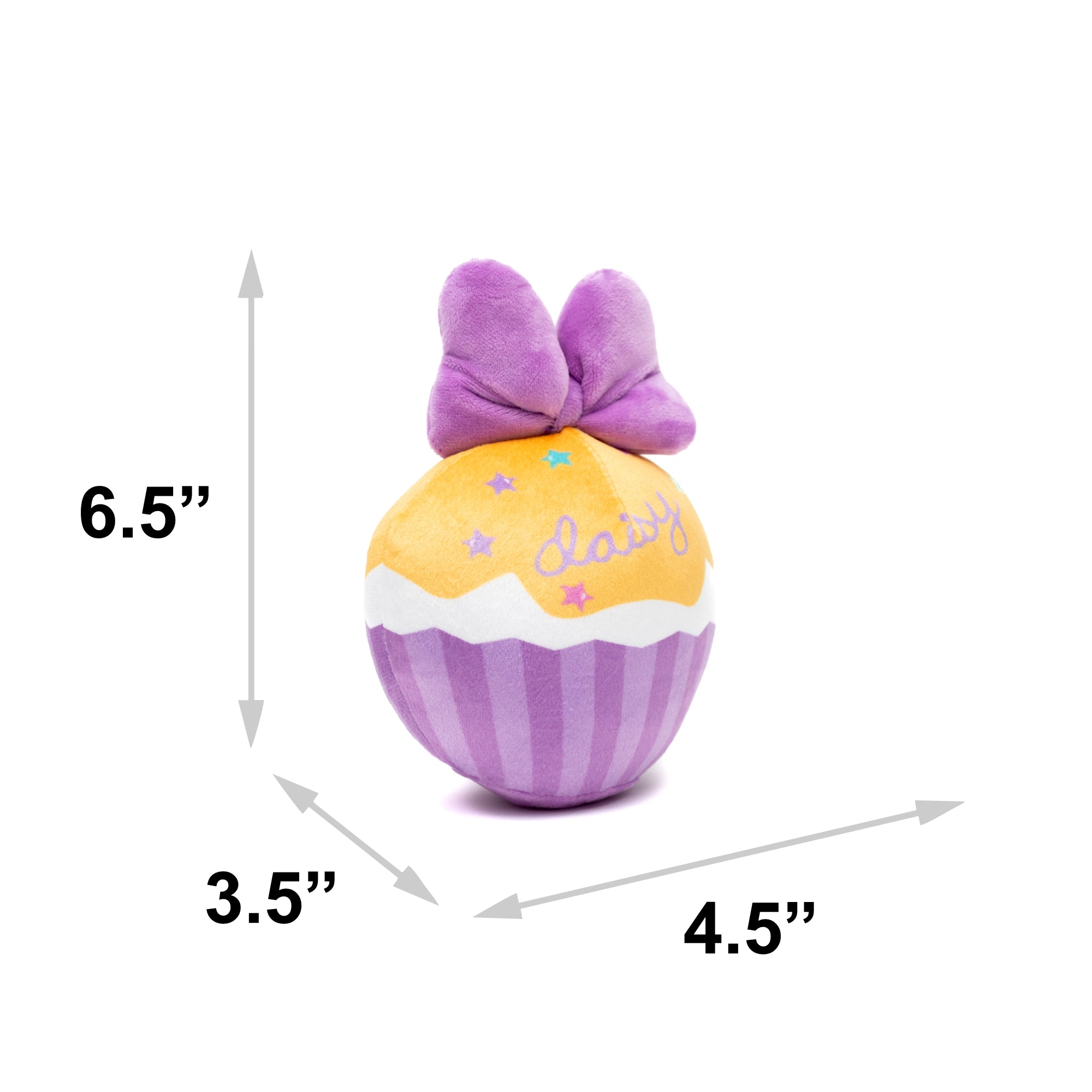 Dog Toy Squeaker Plush - Daisy Duck Script Cupcake with Pink Bow 