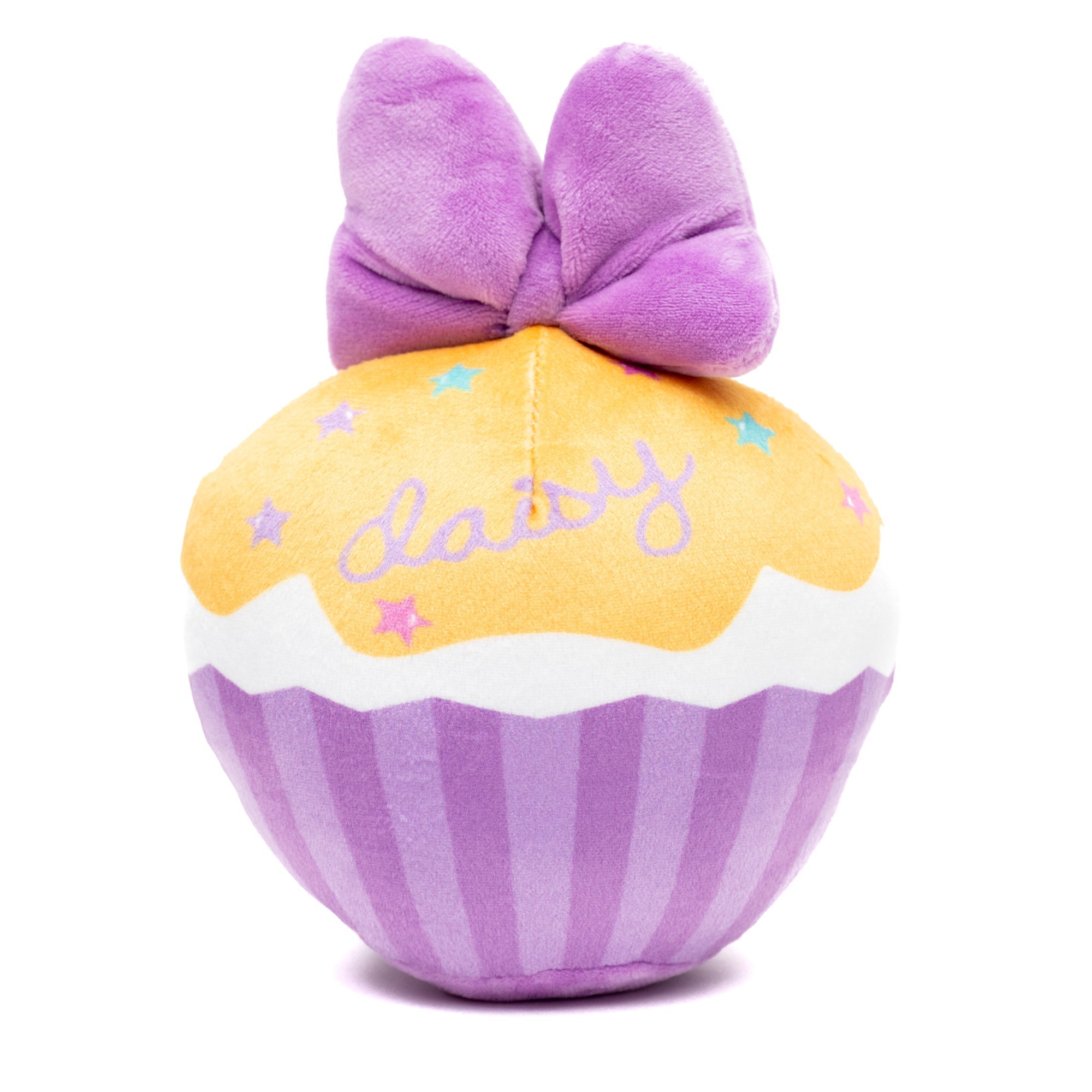 Dog Toy Squeaker Plush - Daisy Duck Script Cupcake with Pink Bow 
