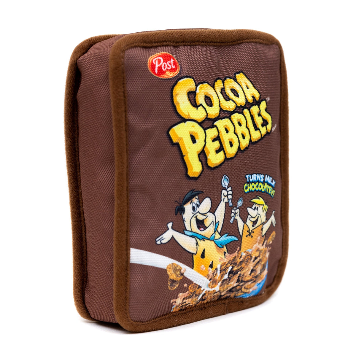 Dog Toy Squeaker Plush - Cocoa Pebbles Fred Flintstone and Barney Rubble Cereal Box Replica 