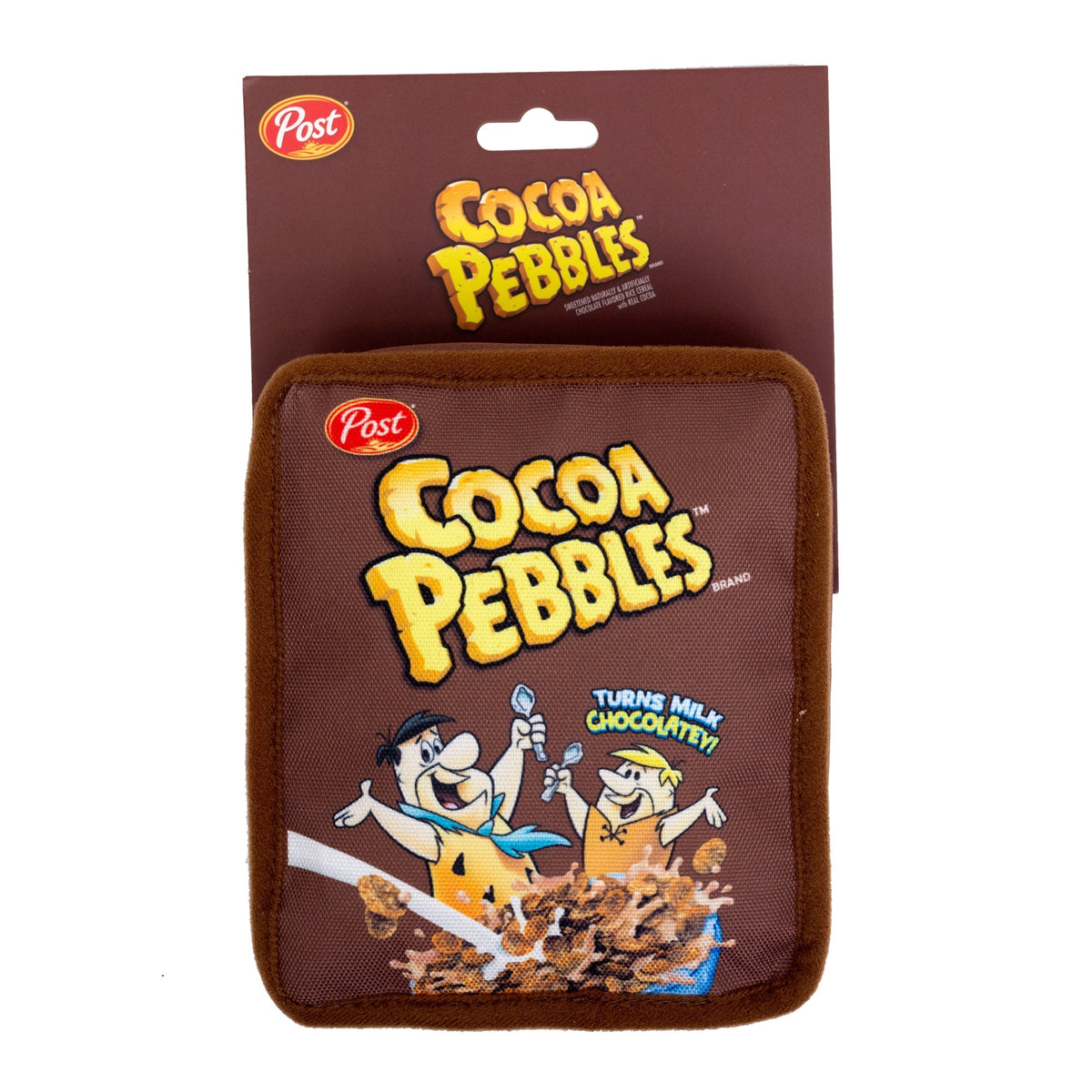 Dog Toy Squeaker Plush - Cocoa Pebbles Fred Flintstone and Barney Rubble Cereal Box Replica 
