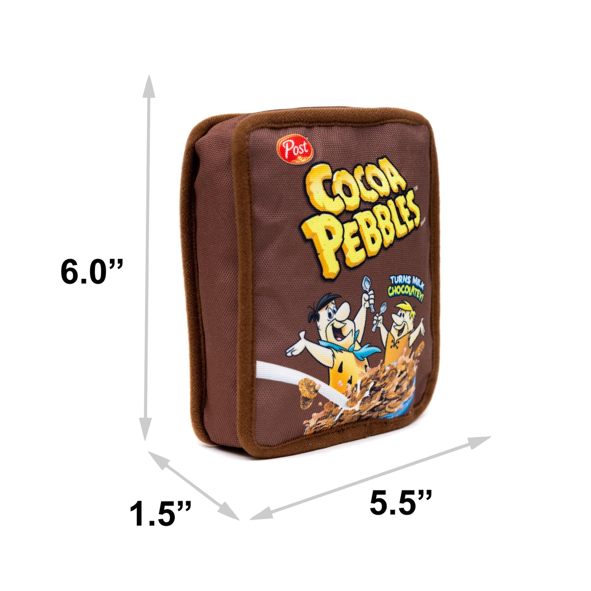 Dog Toy Squeaker Plush - Cocoa Pebbles Fred Flintstone and Barney Rubble Cereal Box Replica 