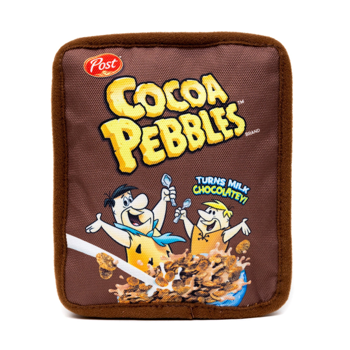 Dog Toy Squeaker Plush - Cocoa Pebbles Fred Flintstone and Barney Rubble Cereal Box Replica 