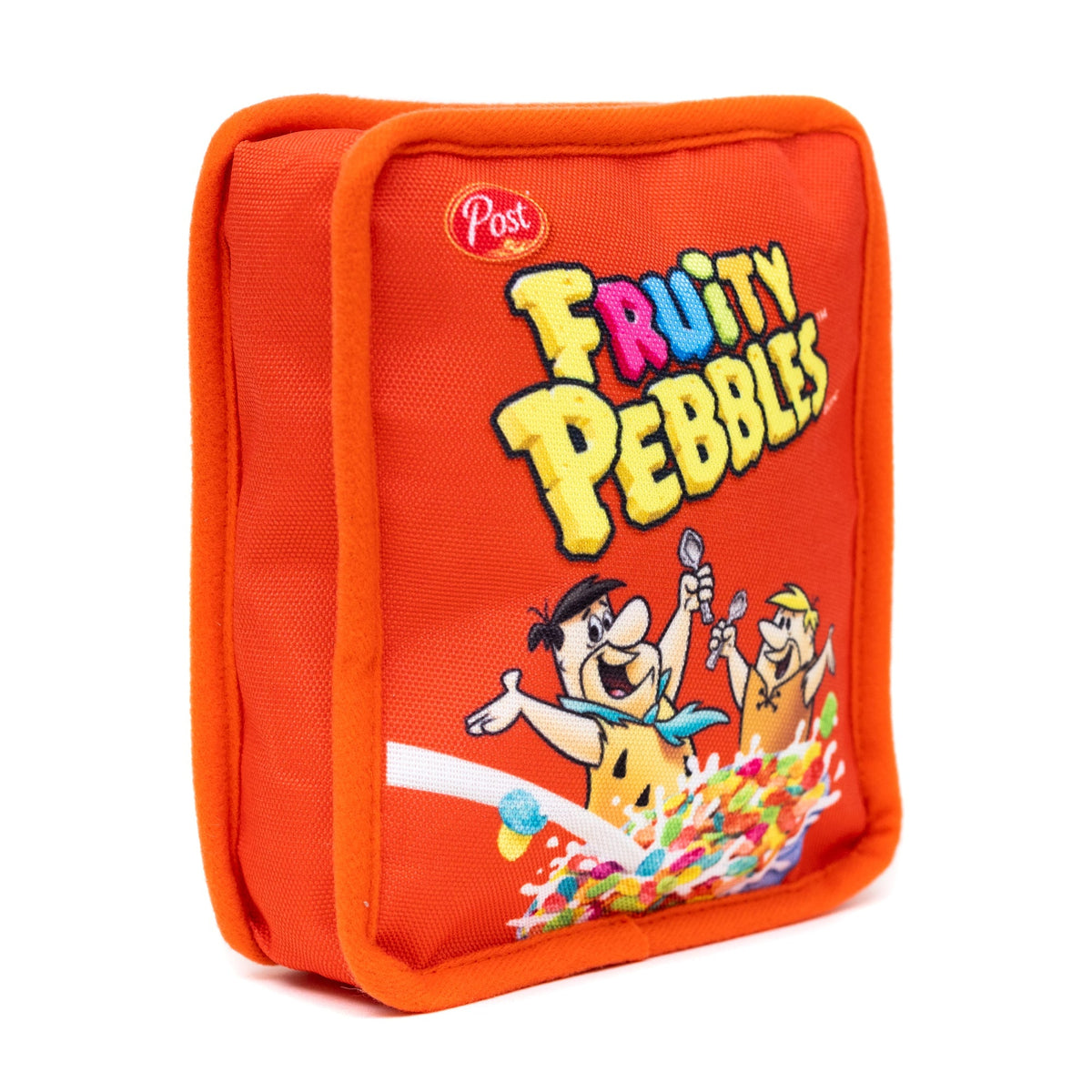 Dog Toy Squeaker Plush - Fruity Pebbles Fred Flintstone and Barney Rubble Cereal Box Replica Red 