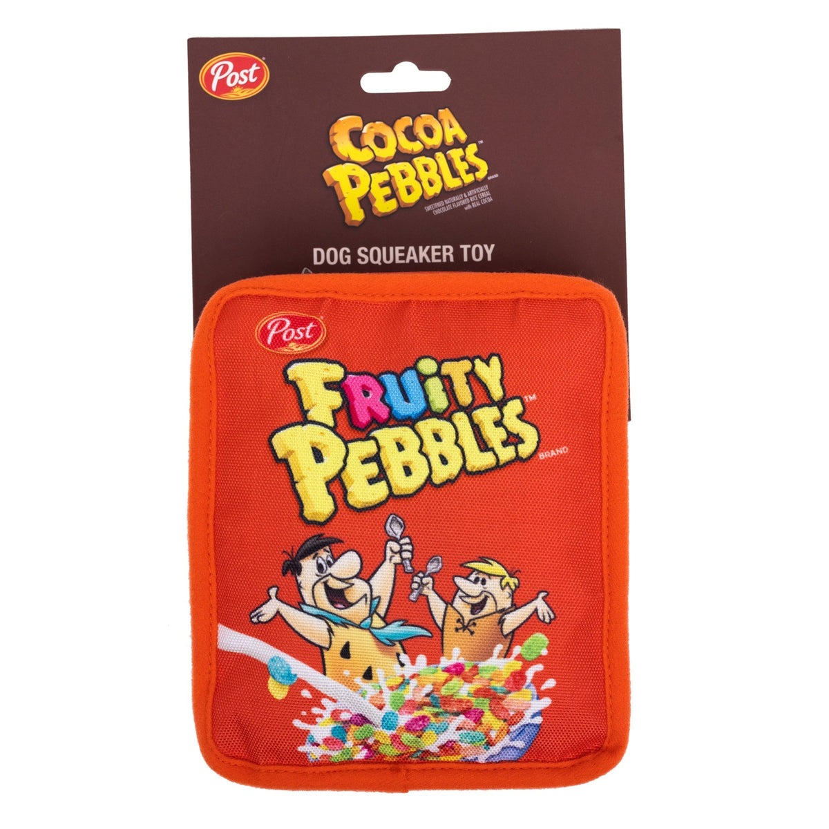 Dog Toy Squeaker Plush - Fruity Pebbles Fred Flintstone and Barney Rubble Cereal Box Replica Red 
