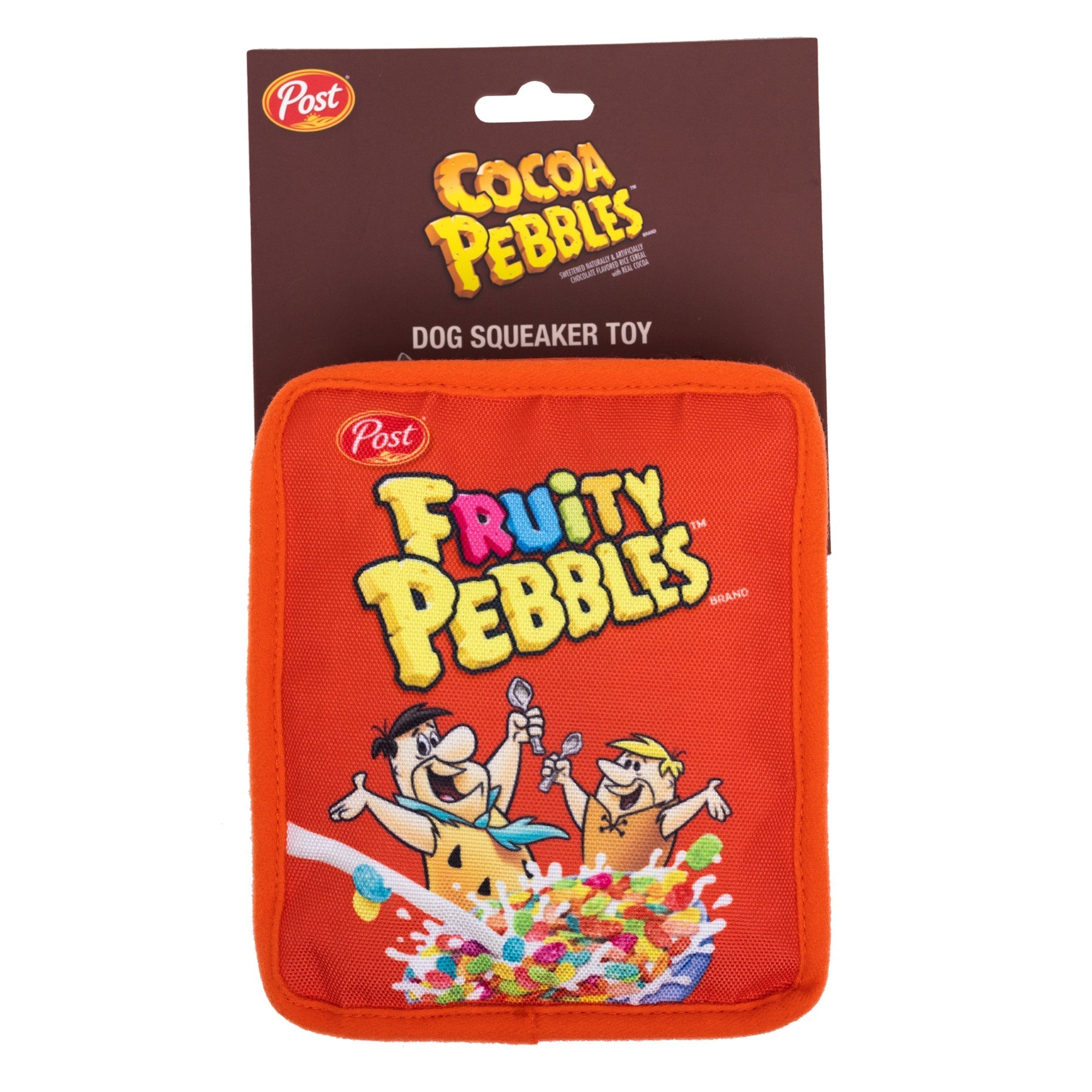 Dog Toy Squeaker Plush - Fruity Pebbles Fred Flintstone and Barney Rubble Cereal Box Replica Red 