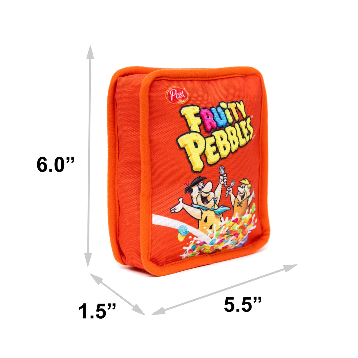 Dog Toy Squeaker Plush - Fruity Pebbles Fred Flintstone and Barney Rubble Cereal Box Replica Red 