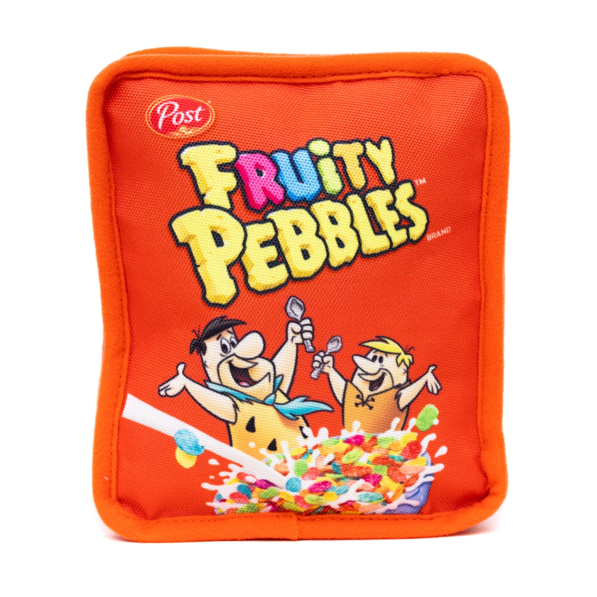 Dog Toy Squeaker Plush - Fruity Pebbles Fred Flintstone and Barney Rubble Cereal Box Replica Red 