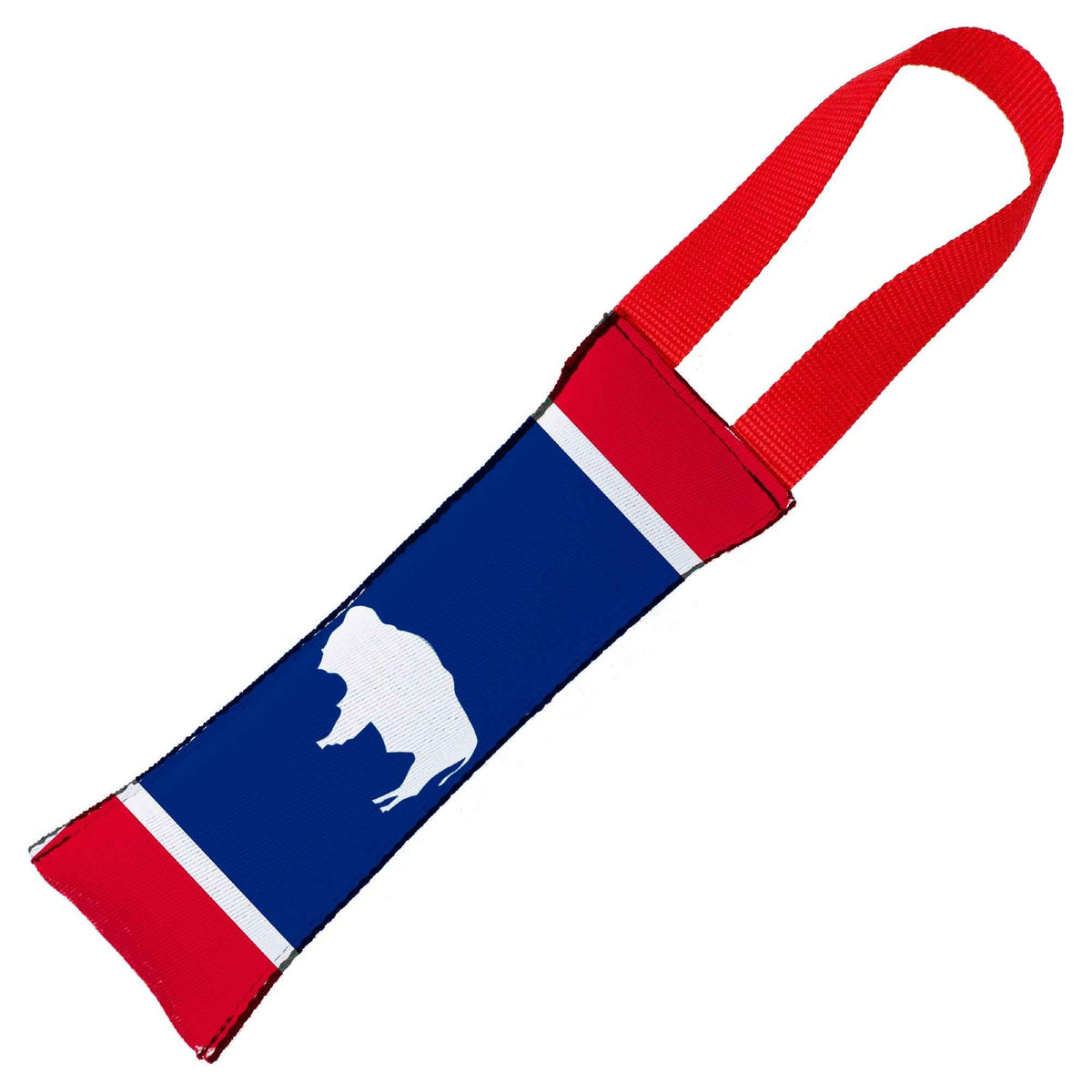 Dog Toy Squeaky Tug Toy - Wyoming Flags Bison Silhouette - RED Handle Webbing