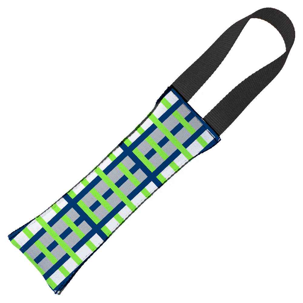 Dog Toy Squeaky Tug Toy - Basketweave Plaid White/Silver/Navy/Bright Green - NAVY Handle Webbing