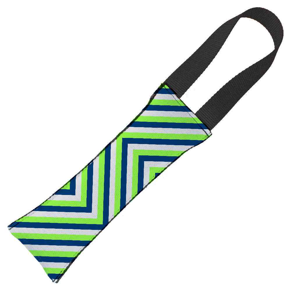 Dog Toy Squeaky Tug Toy - Chevron  Stripe White/Neon Green/Navy - NAVY Handle Webbing
