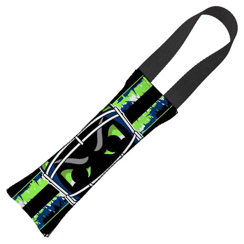 Dog Toy Squeaky Tug Toy - Football Helmet CLOSE-UP/Scribble Stripe Black/Neon Green/Blue/White - NAVY Handle Webbing