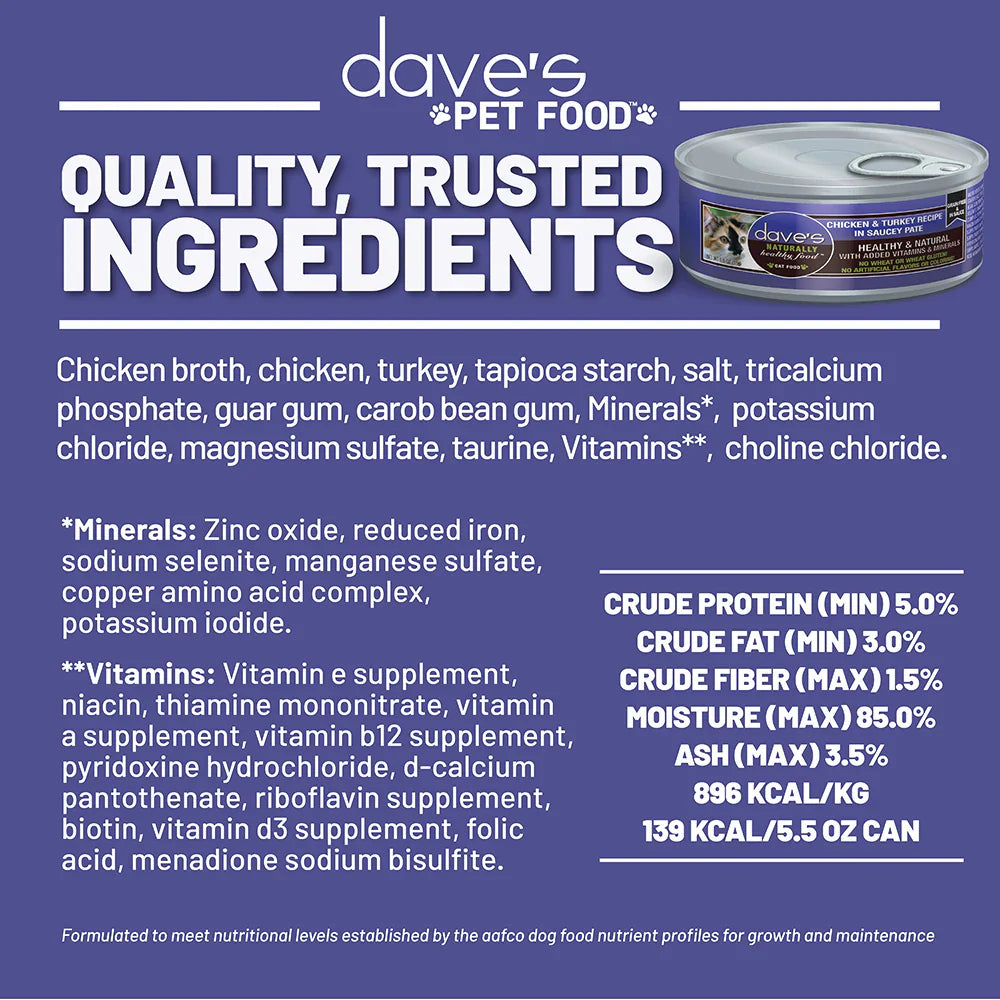 Daves Chicken & Turkey Recipe in Saucey Pat Wet Cat Food (5.5oz)