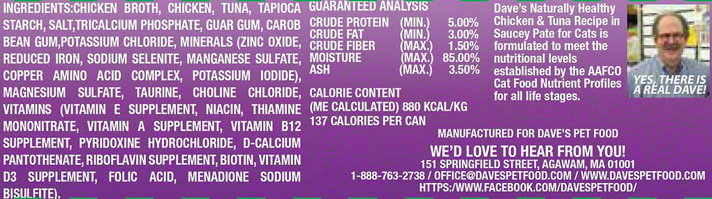 Daves Naturally Healthy Grain Free Chicken & Tuna Recipe in Saucey Pat Wet Cat Food (5.5oz)