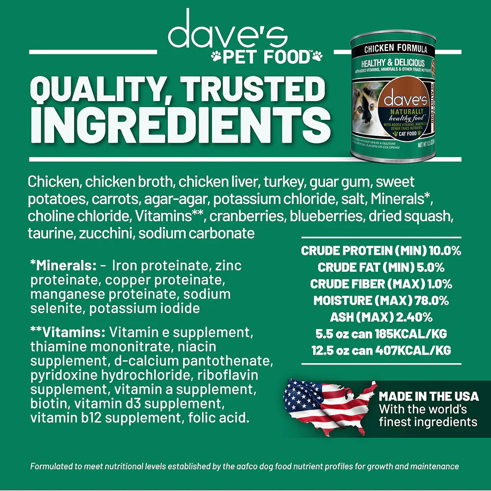 Daves 95% Naturally Healthy Grain Free Chicken Formula Wet Cat Food (5.5oz)