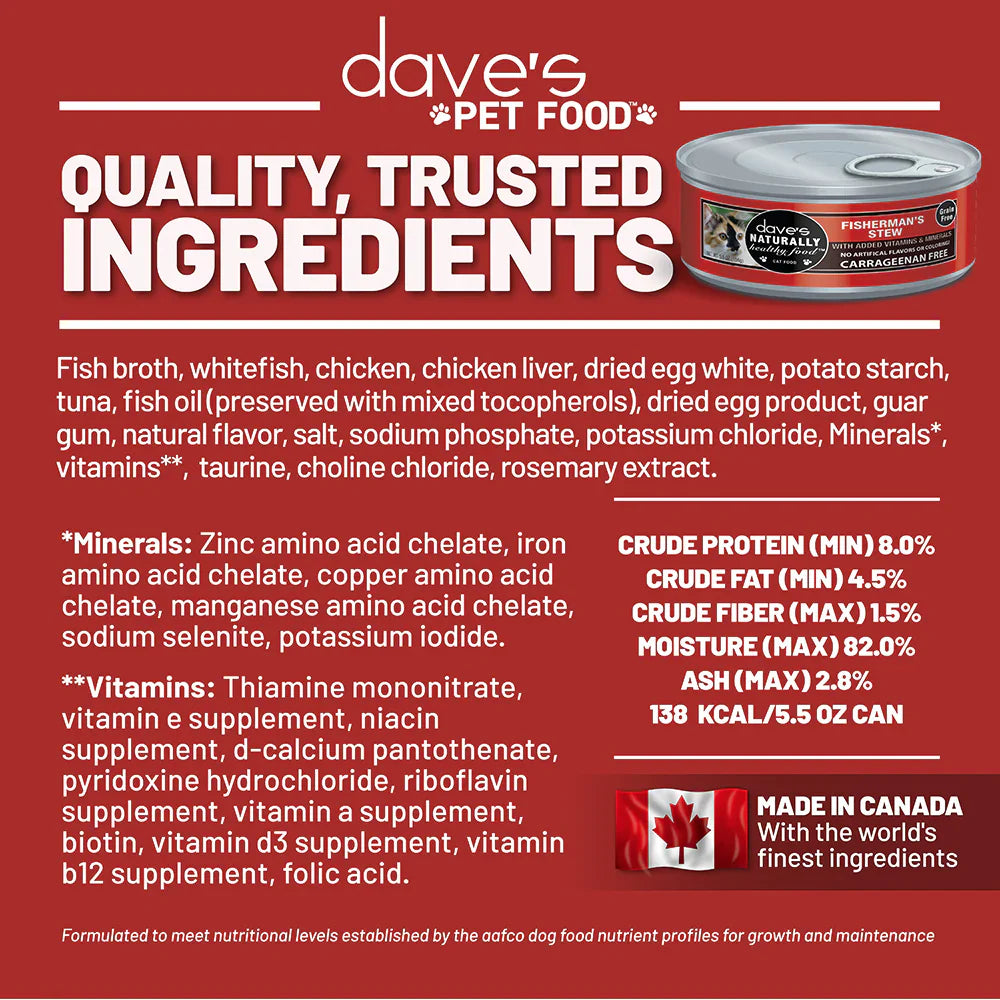 Daves Naturally Healthy Grain Free Shredded Fishermans Stew Wet Cat Food (5.5oz)