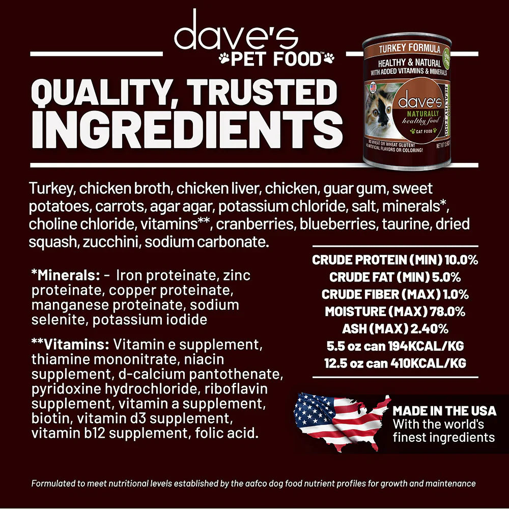 Daves Naturally Healthy Turkey Dinner Pat Wet Cat Food (12.5oz)