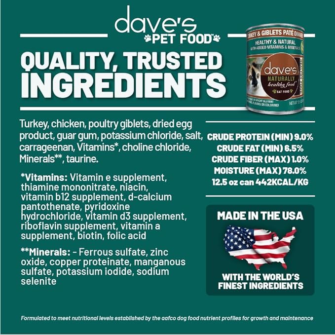Daves Naturally Healthy Turkey & Giblets Dinner Pat Wet Cat Food (12.5oz)