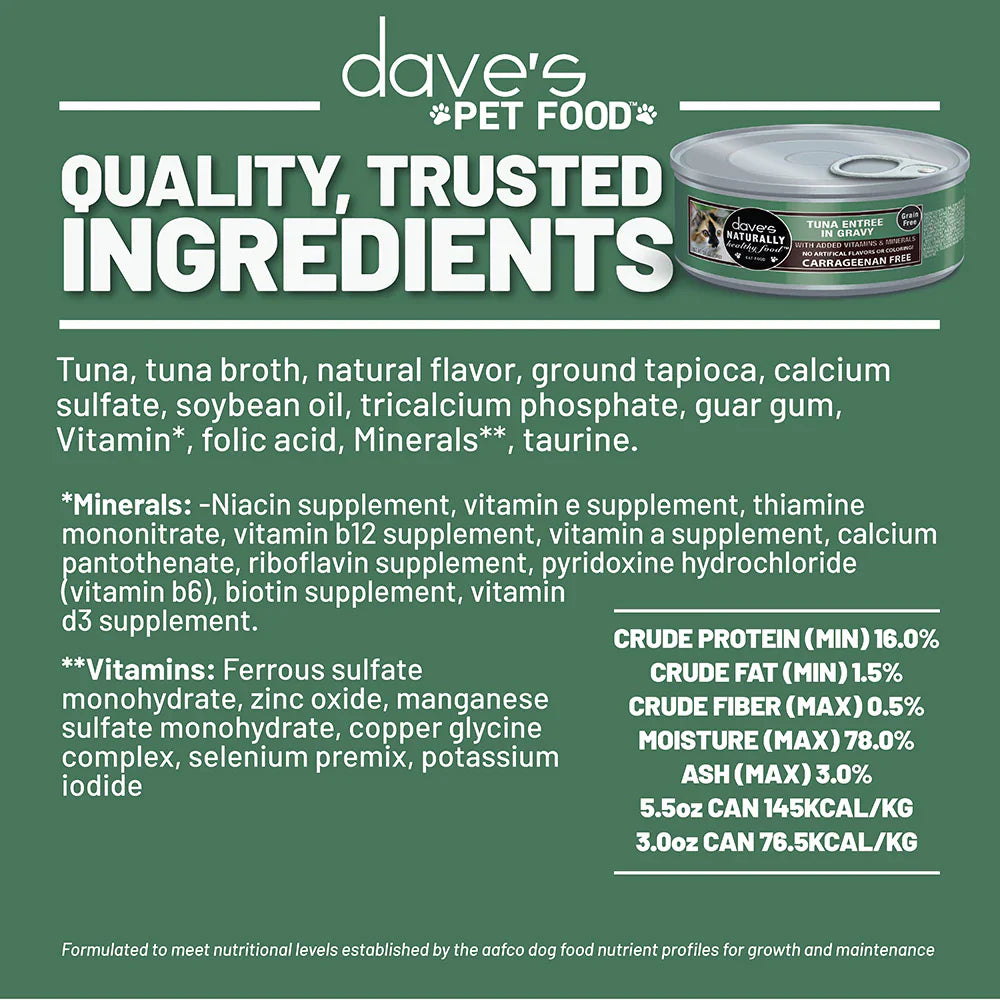 Daves Naturally Healthy Grain Free Tuna Entre in Gravy Wet Cat Food (5.5oz)