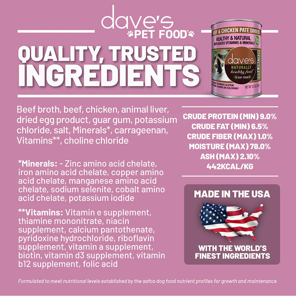 Daves Naturally Healthy Beef & Chicken Dinner Pat Wet Cat Food (12.5oz)