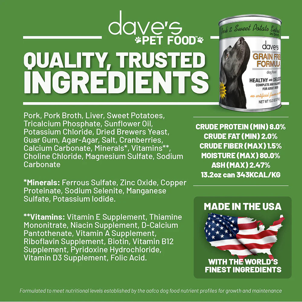 Daves Grain Free Pork & Sweet Potato Entre For Dogs (13.2oz)