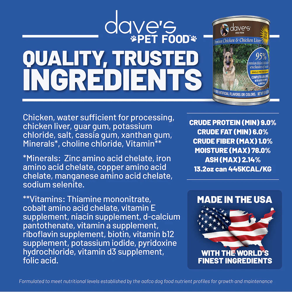 Daves 95% Premium Meats Chicken & Chicken Liver For Dogs (12.5oz)