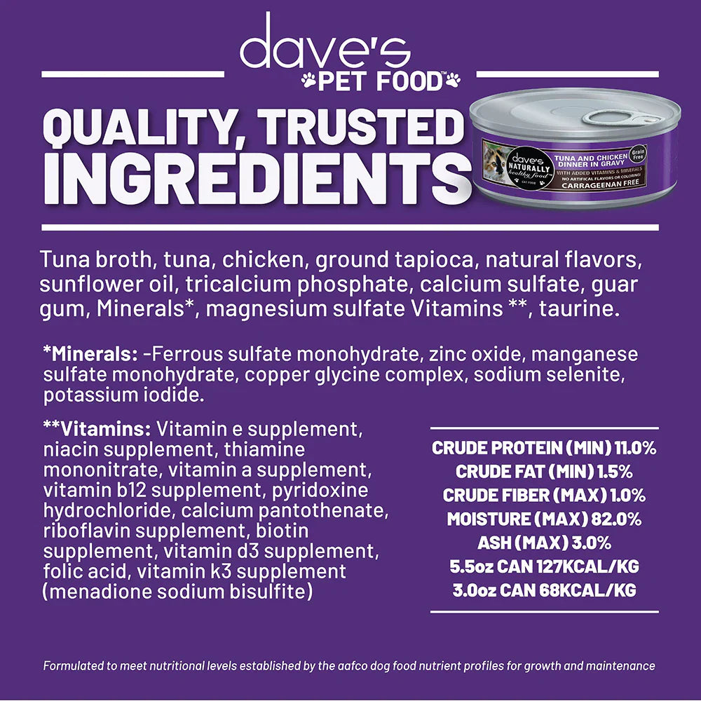 Daves Naturally Healthy Grain Free Tuna & Chicken Dinner in Gravy Wet Cat Food (5.5oz)