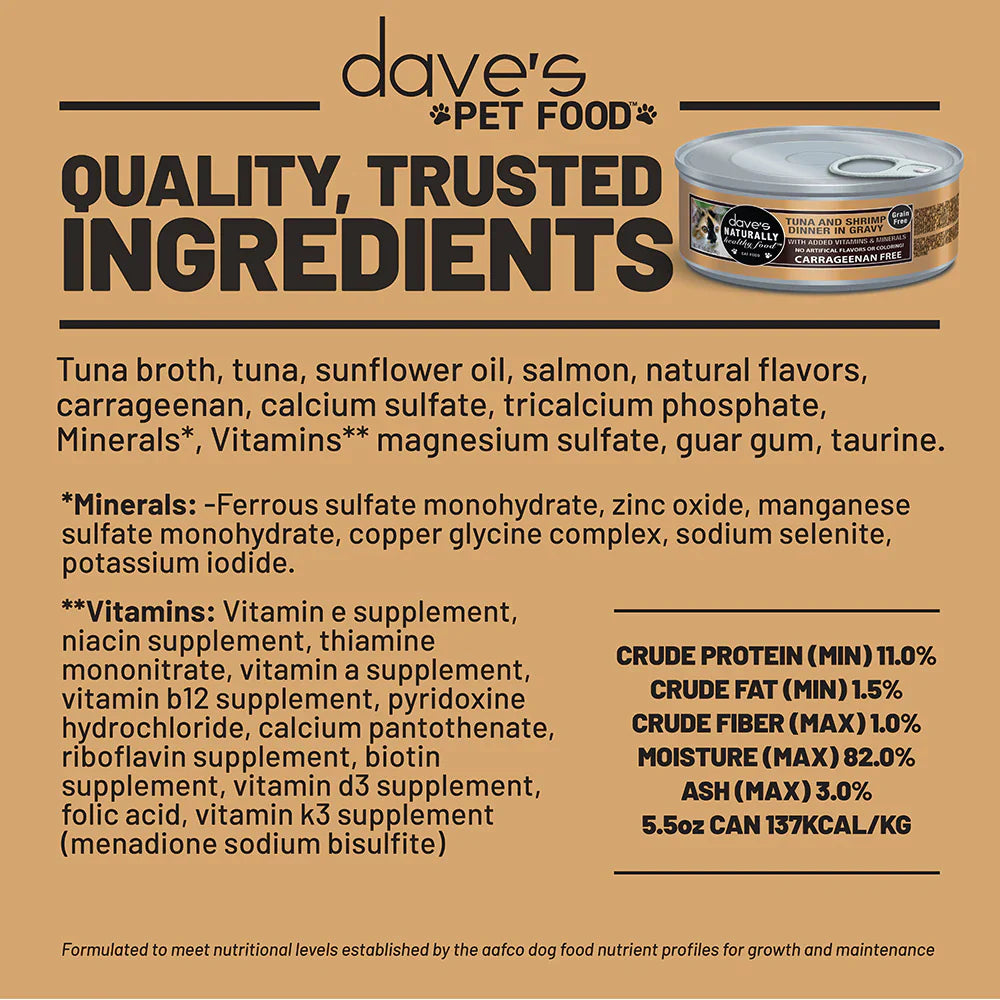 Daves Naturally Healthy Grain Free Tuna & Shrimp Dinner in Gravy Wet Cat Food (5.5oz)