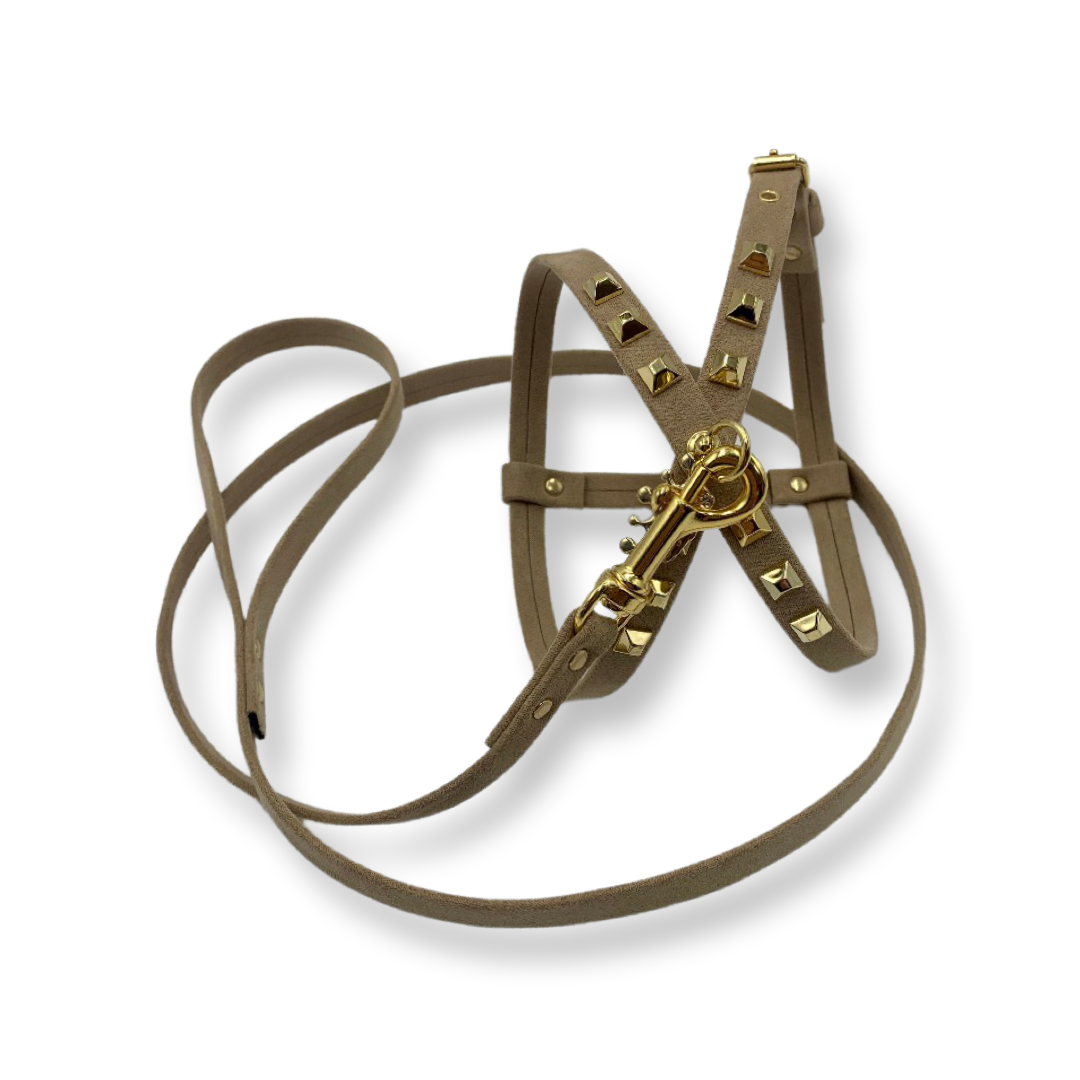Fashion Dog Harness and Leash Set - Beige Faux Suede