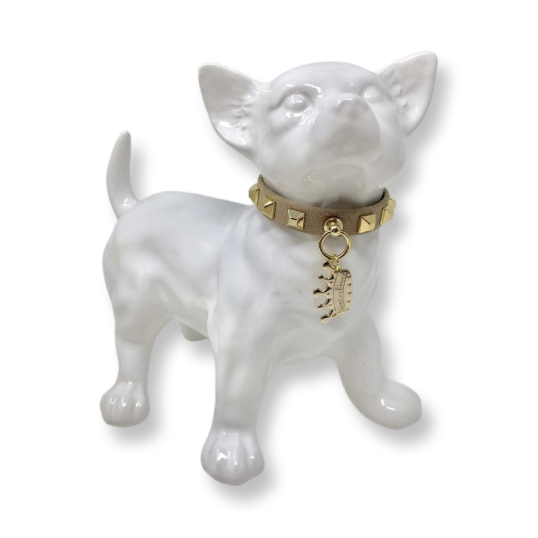 Fashion Collar and Plain Leash Set - Beige Faux Suede with Gold Studs