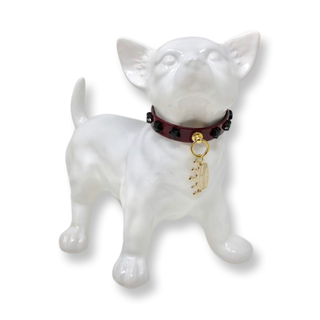 Fashion Collar and Chain Leash Set - Burgundy with Star Studs