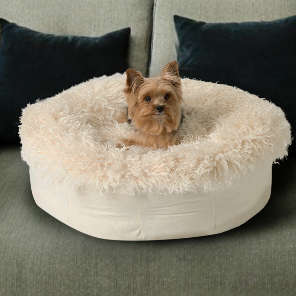 PupPoufLuxe Faux Fur Donut Dog Bed Plush Sheep Ivory 