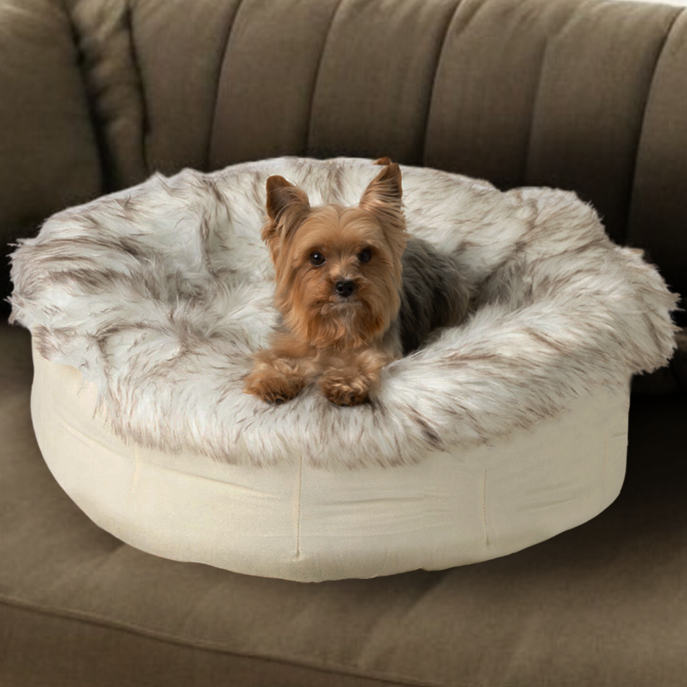 PupPoufFaux Fur Donut Dog Bed White with Brown Accents