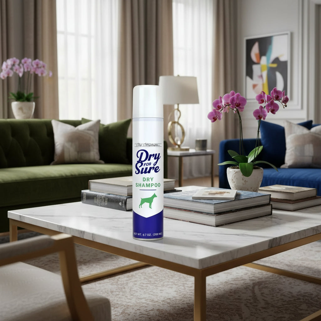 Dog Shampoo bottle with promotional text on a white background