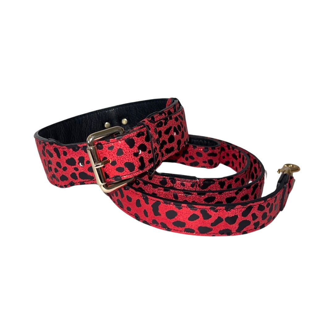 Allysa Payne & Soft Red & Black Leopard Print Italian Leather Classic Dog Collar & Leash Set