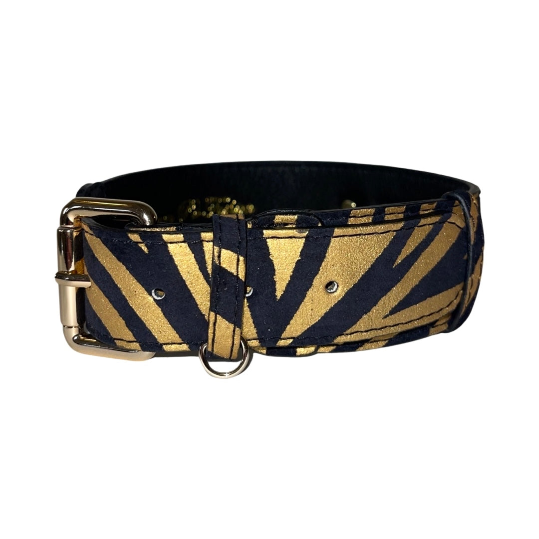 Allysa Payne Black & Gold Zebra Print Italian Leather Classic Dog Collar